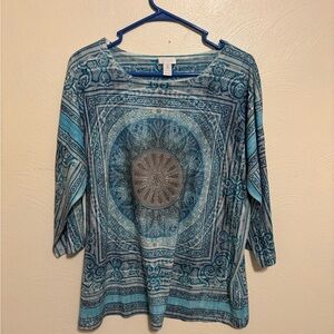 Chico’s Teal Mandala Medallion Top Rhinestone Embellished Size 3